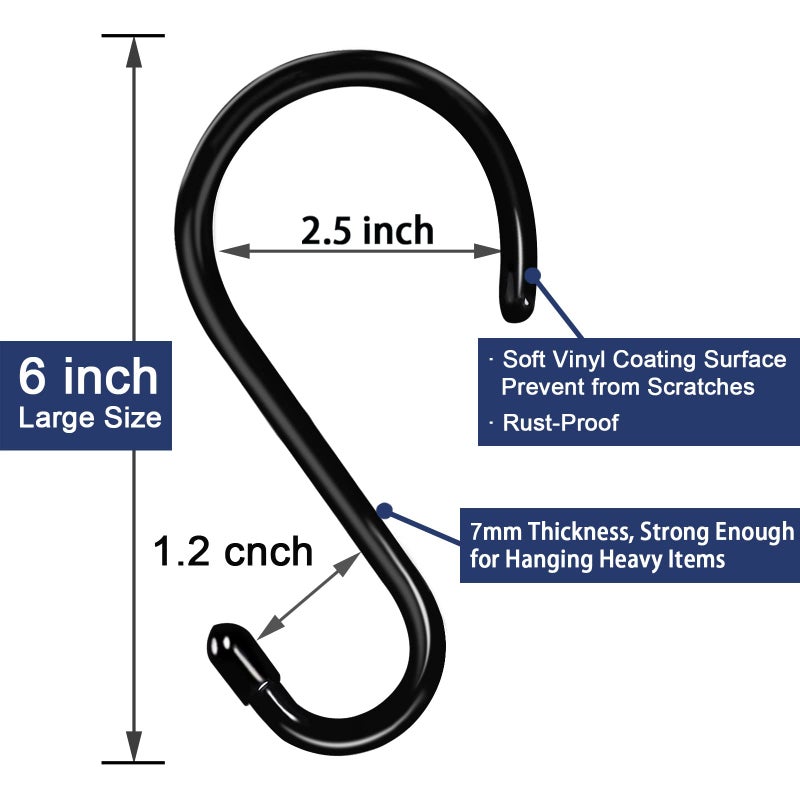HiGift 6 Inch Large S Hooks for Hanging Heavy Duty  Non Slip Vinyl Coated S Hook for Closet  Steel Metal Black Rubber Coated S Hooks for Hanging Plant Jeans Pot Pan Clothes Purse Towel Bags- 4 Pack - Image 2